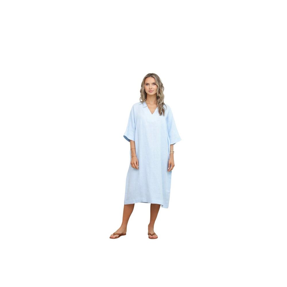 New $195 Honest Cotton Maxi Dress Womens XL Blue Elbow Sleeve V Neck Modest